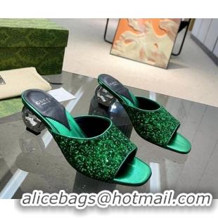 Good Quality Gucci Interlocking G Glitters Heel Slide Sandals 6cm Green 316010