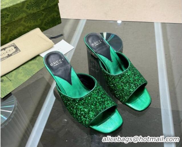 Good Quality Gucci Interlocking G Glitters Heel Slide Sandals 6cm Green 316010