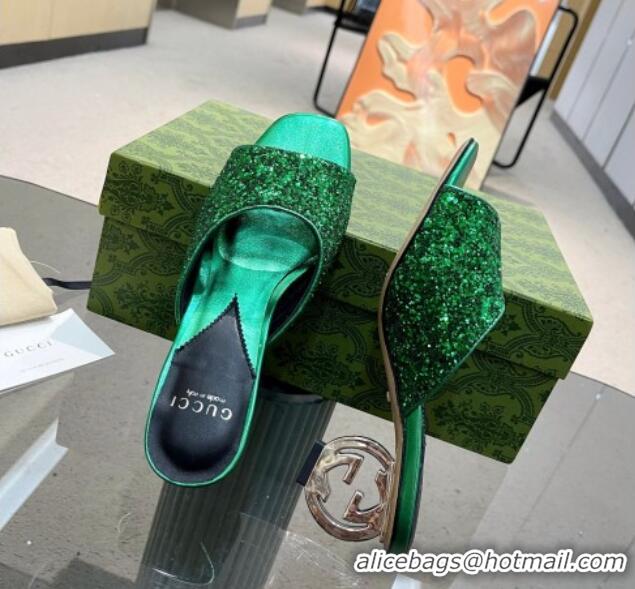 Good Quality Gucci Interlocking G Glitters Heel Slide Sandals 6cm Green 316010