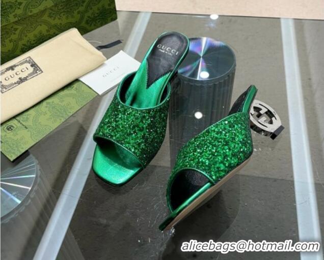 Good Quality Gucci Interlocking G Glitters Heel Slide Sandals 6cm Green 316010