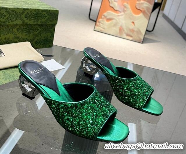 Good Quality Gucci Interlocking G Glitters Heel Slide Sandals 6cm Green 316010