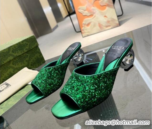 Good Quality Gucci Interlocking G Glitters Heel Slide Sandals 6cm Green 316010