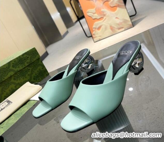 Best Grade Gucci Interlocking G Leather Heel Slide Sandals 6cm Light Green 316011