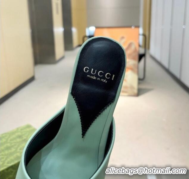 Best Grade Gucci Interlocking G Leather Heel Slide Sandals 6cm Light Green 316011