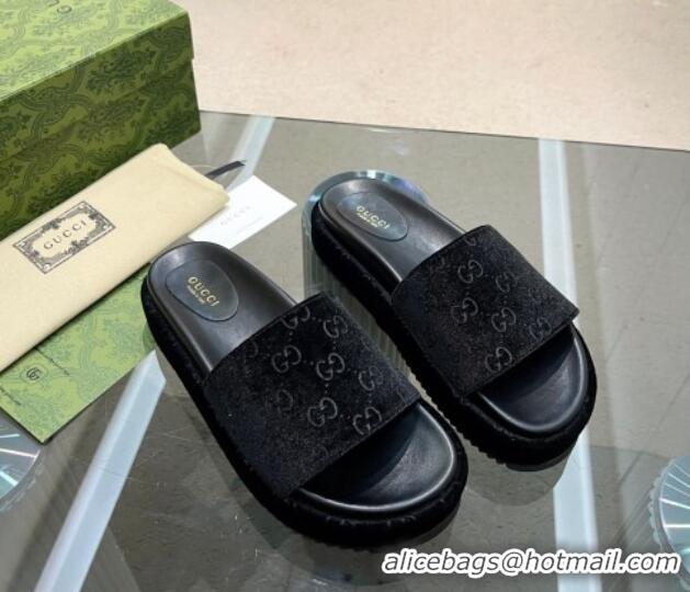 Most Popular Gucci GG Velvet Platform Slide Sandal 5.5cm Black 316014