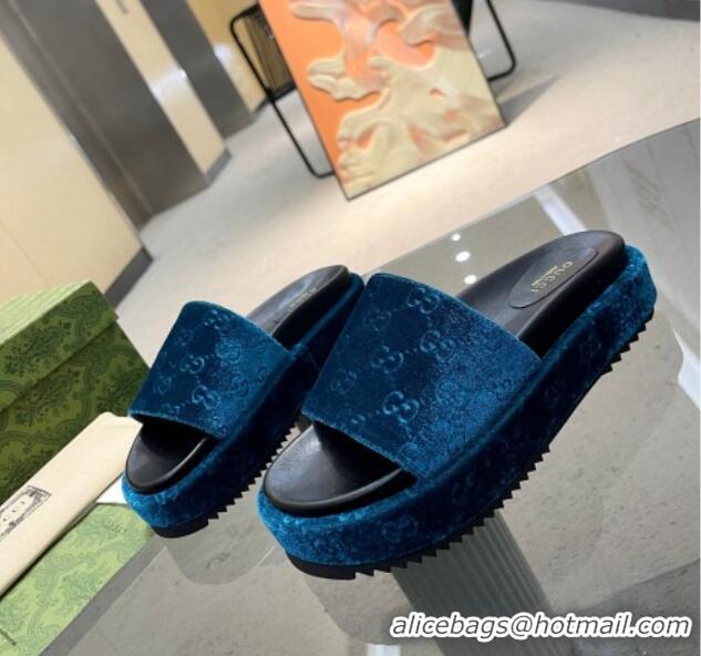 Good Product Gucci GG Velvet Platform Slide Sandal 5.5cm Blue 316017