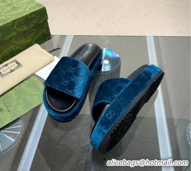 Good Product Gucci GG Velvet Platform Slide Sandal 5.5cm Blue 316017