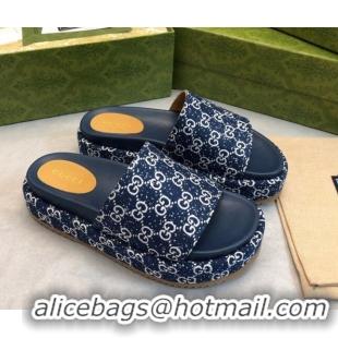 Hot Style Gucci GG Fabric Platform Slide Sandal 5.5cm Navy Blue 316028