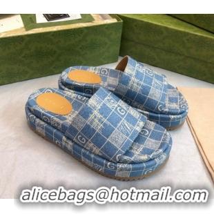 Grade Quality Gucci Check Denim Platform Slide Sandal 5.5cm Blue 316030