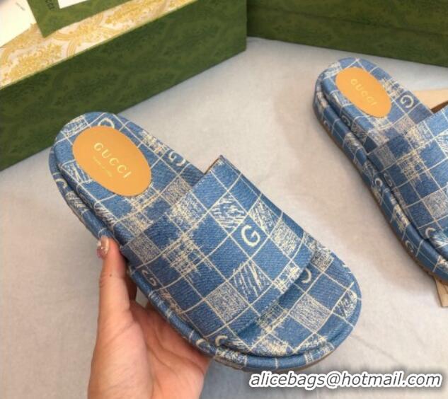 Grade Quality Gucci Check Denim Platform Slide Sandal 5.5cm Blue 316030