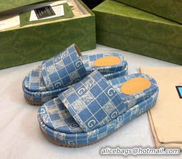 Grade Quality Gucci Check Denim Platform Slide Sandal 5.5cm Blue 316030