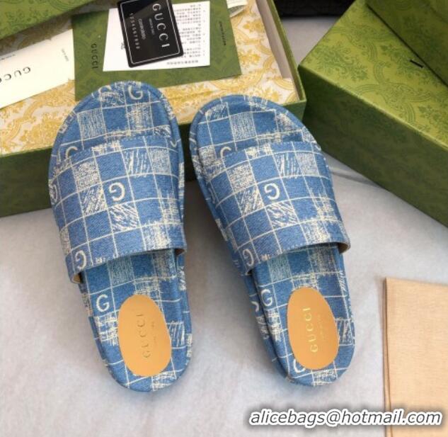 Grade Quality Gucci Check Denim Platform Slide Sandal 5.5cm Blue 316030