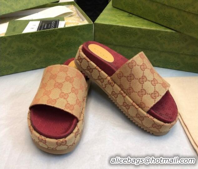 Stylish Gucci Jumbo GG Canas Platform Slide Sandal 5.5cm Beige/Burgundy 316033