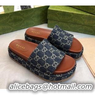 Stylish Gucci GG Denim Platform Slide Sandal 5.5cm Dark Blue 316034