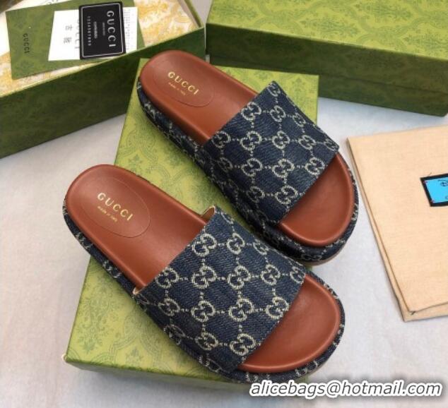 Stylish Gucci GG Denim Platform Slide Sandal 5.5cm Dark Blue 316034