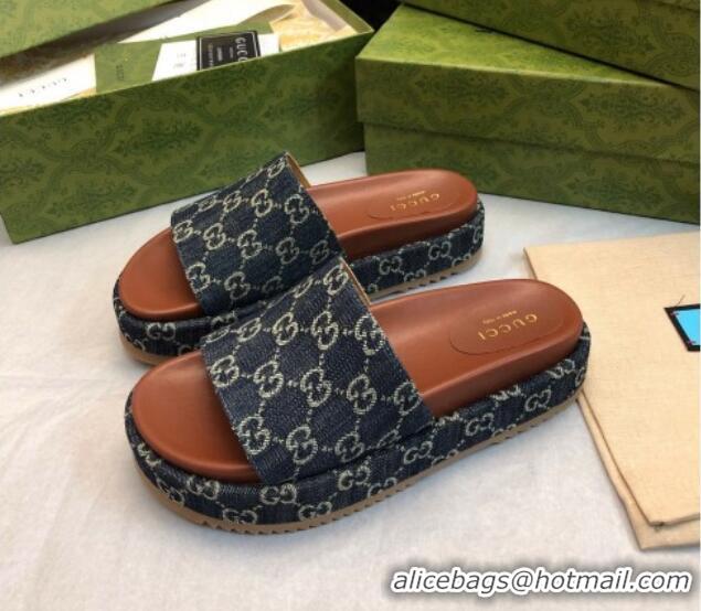 Stylish Gucci GG Denim Platform Slide Sandal 5.5cm Dark Blue 316034