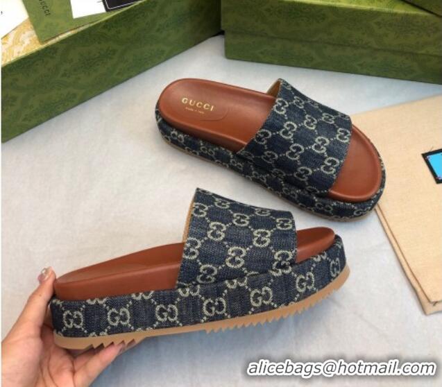 Stylish Gucci GG Denim Platform Slide Sandal 5.5cm Dark Blue 316034