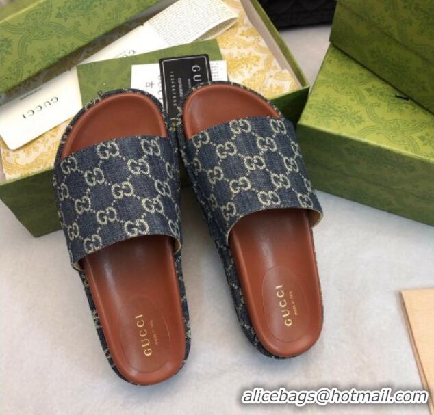 Stylish Gucci GG Denim Platform Slide Sandal 5.5cm Dark Blue 316034