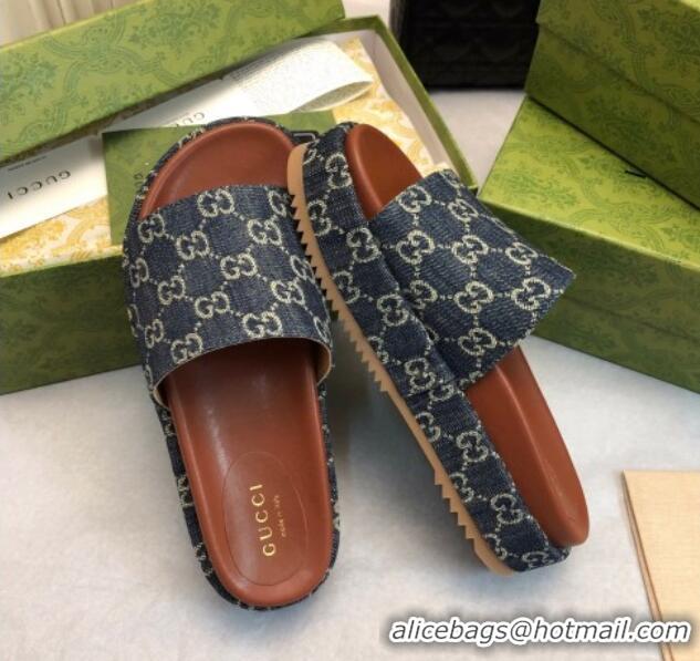 Stylish Gucci GG Denim Platform Slide Sandal 5.5cm Dark Blue 316034