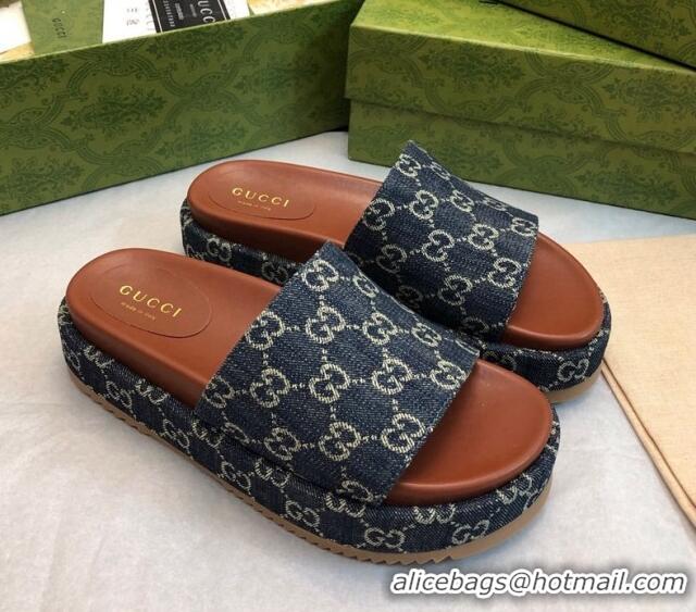 Stylish Gucci GG Denim Platform Slide Sandal 5.5cm Dark Blue 316034