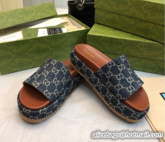 Stylish Gucci GG Denim Platform Slide Sandal 5.5cm Dark Blue 316034