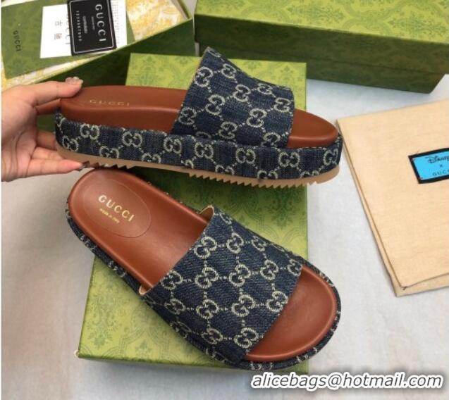 Stylish Gucci GG Denim Platform Slide Sandal 5.5cm Dark Blue 316034