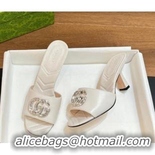 Classic Hot Gucci Double G Mid-heel Slide Sandals 7.5cm with Crystals White 319002