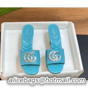 Unique Style Gucci Double G Mid-heel Slide Sandals 7.5cm with Crystals Blue 319004