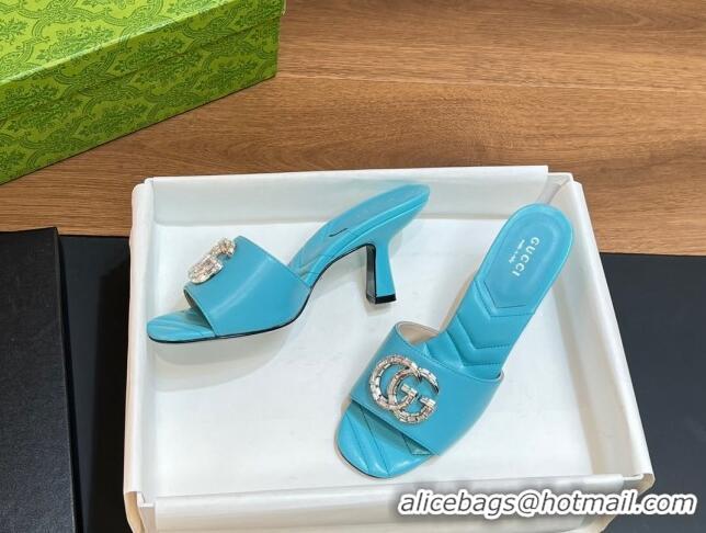 Unique Style Gucci Double G Mid-heel Slide Sandals 7.5cm with Crystals Blue 319004