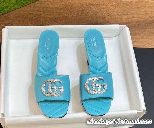 Unique Style Gucci Double G Mid-heel Slide Sandals 7.5cm with Crystals Blue 319004