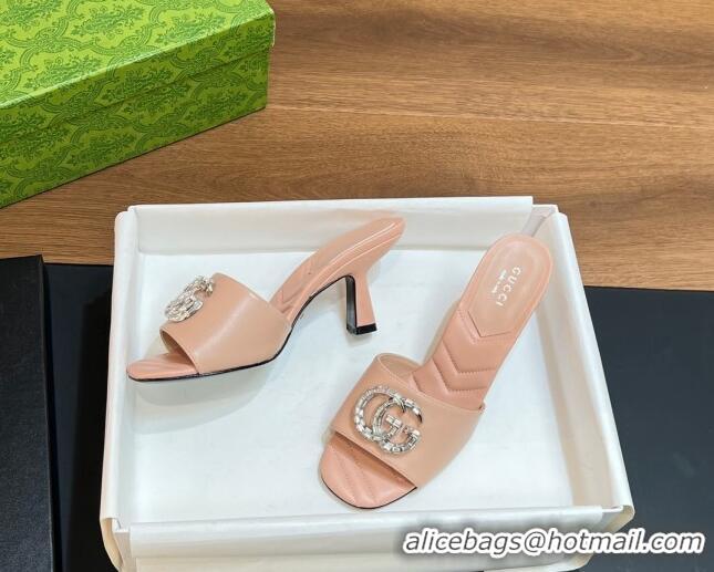 Good Looking Gucci Double G Mid-heel Slide Sandals 7.5cm with Crystals Nude 319005