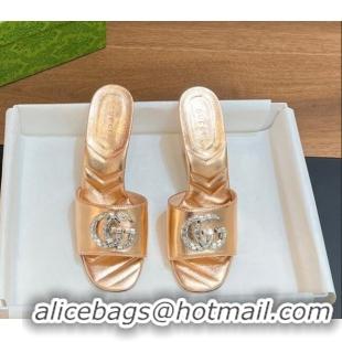 Pretty Style Gucci Double G Mid-heel Slide Sandals 7.5cm with Crystals Gold 319006