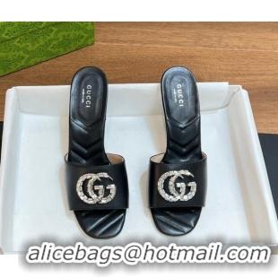 Luxury Gucci Double G Mid-heel Slide Sandals 7.5cm with Crystals Black 319001