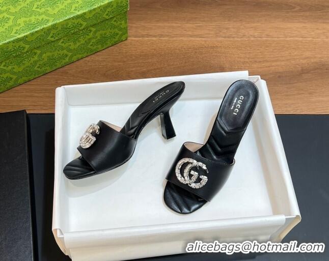 Luxury Gucci Double G Mid-heel Slide Sandals 7.5cm with Crystals Black 319001