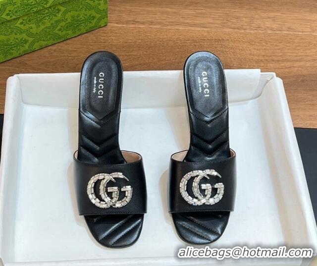 Luxury Gucci Double G Mid-heel Slide Sandals 7.5cm with Crystals Black 319001