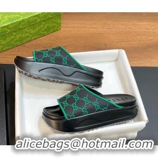 Lower Price Gucci Rubber Platform Slide Sandals with Interlocking G Black/Green 319007