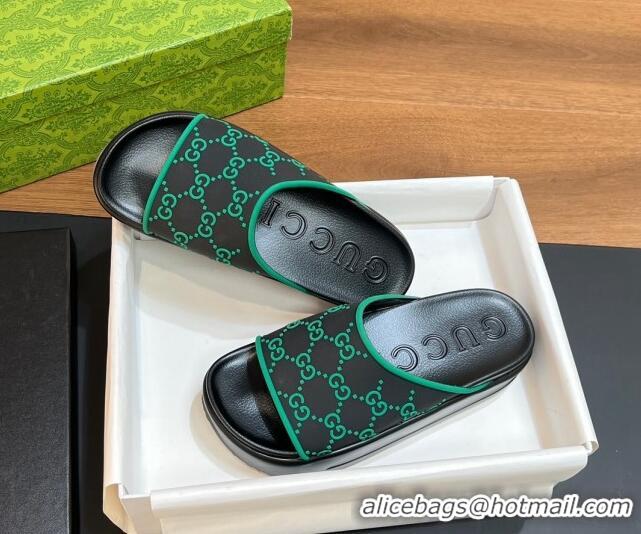 Lower Price Gucci Rubber Platform Slide Sandals with Interlocking G Black/Green 319007