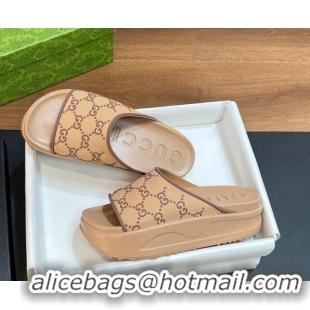 Shop Duplicate Gucci Rubber Platform Slide Sandals with Interlocking G Light Brown 319008