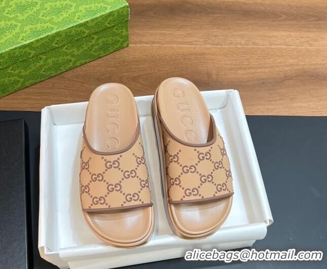 Shop Duplicate Gucci Rubber Platform Slide Sandals with Interlocking G Light Brown 319008