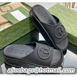 Top Design Gucci Rubber Platform Slide Sandals with Interlocking G All Black 319013