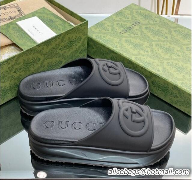 Top Design Gucci Rubber Platform Slide Sandals with Interlocking G All Black 319013