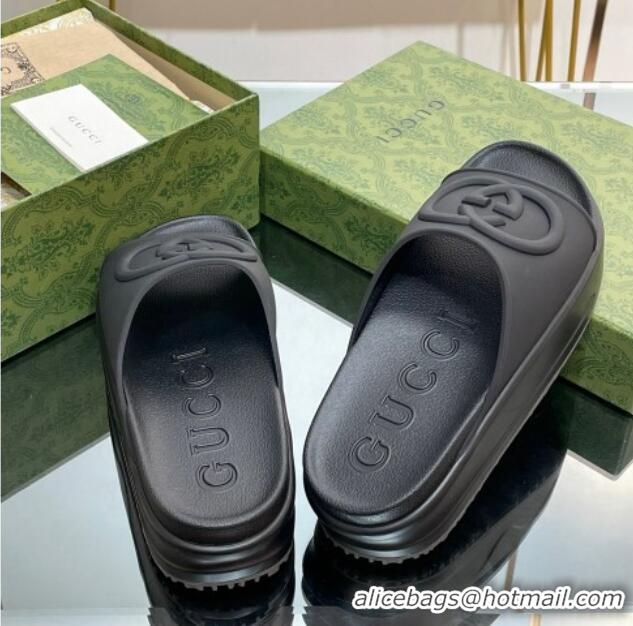 Top Design Gucci Rubber Platform Slide Sandals with Interlocking G All Black 319013