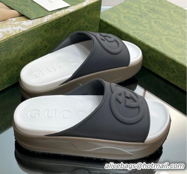 Charming Gucci Rubber Platform Slide Sandals with Interlocking G Black/Grey 319012