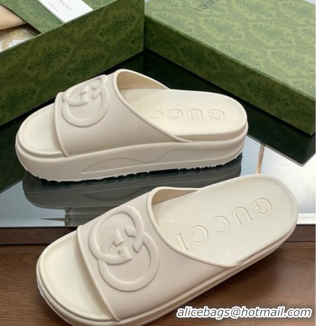 Unique Style Gucci Rubber Platform Slide Sandals with Interlocking G All White 319014