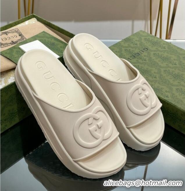 Unique Style Gucci Rubber Platform Slide Sandals with Interlocking G All White 319014