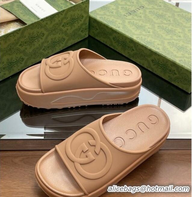 Top Grade Gucci Rubber Platform Slide Sandals with Interlocking G Light Brown 319015