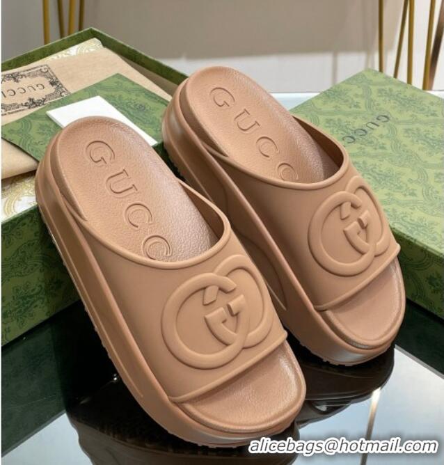 Top Grade Gucci Rubber Platform Slide Sandals with Interlocking G Light Brown 319015