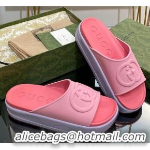 Good Quality Gucci Rubber Platform Slide Sandals with Interlocking G Light Pink/Pink 319016