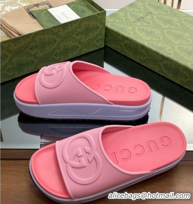 Good Quality Gucci Rubber Platform Slide Sandals with Interlocking G Light Pink/Pink 319016