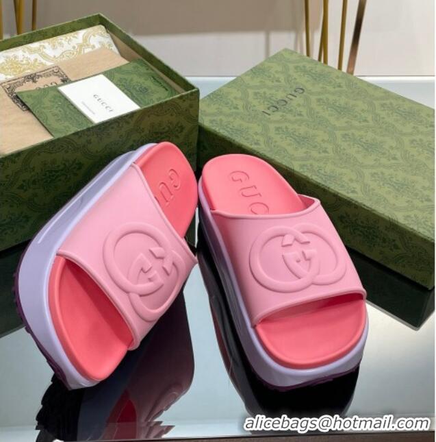 Good Quality Gucci Rubber Platform Slide Sandals with Interlocking G Light Pink/Pink 319016